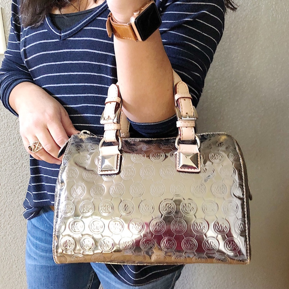MICHAEL KORS Grayson Metallic Monogram Satchel - Picture 1 of 8
